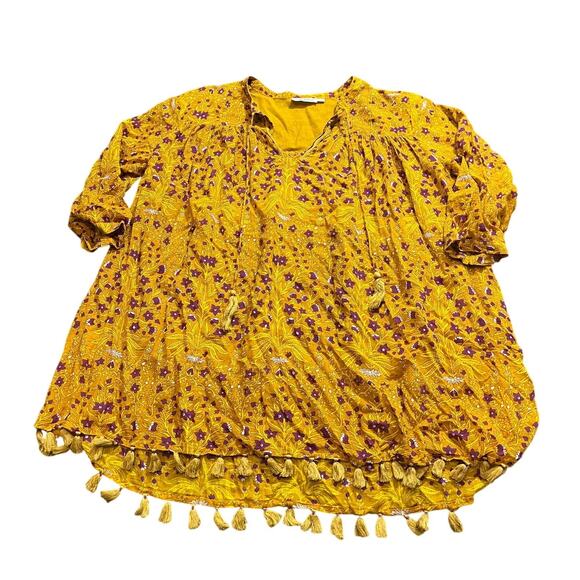 Roller‎ Rabbit Serafina Tunic Yellow Boho Top Tassel Purple Floral embroidered L - Picture 1 of 6